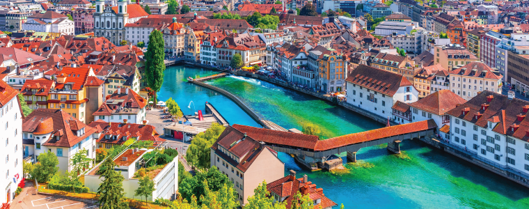 Scenic summer aerial panorama of the Old Town medieval architecture in Lucerne, Switzerland