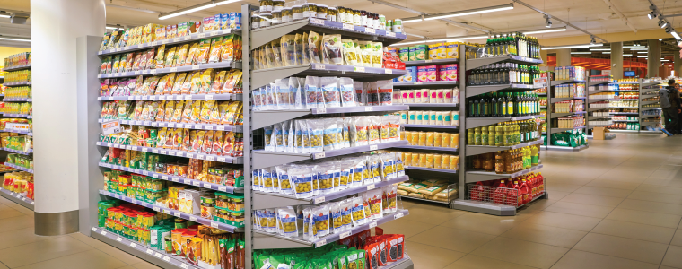 sws4_featured ZURICH, SWITZERLAND - CIRCA OCTOBER, 2018: interior shot of Migros supermarket in Zurich International Airport. Migros is Switzerland's largest retail company.