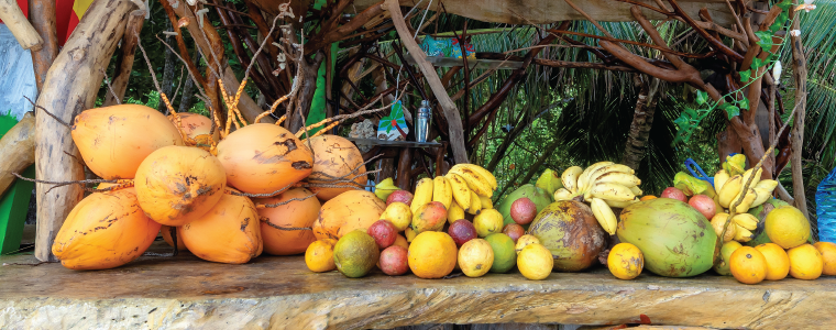 Beach bar with mixed local fruits on Seychelles tropical island.