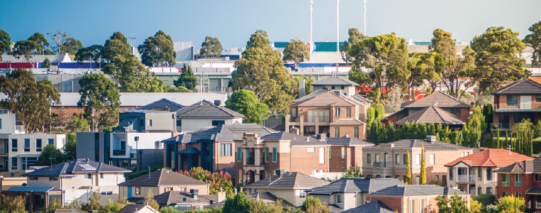 View of residential houses in Melbourne's suburb on a hill. City of Maribyrnong, VIC Australia.