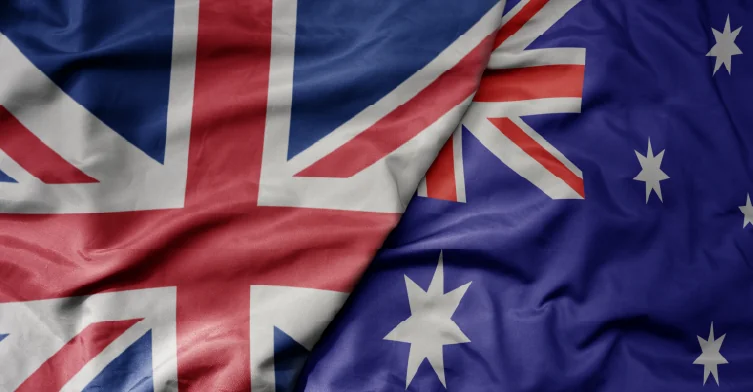 national colorful flag of great britain and national flag of australia